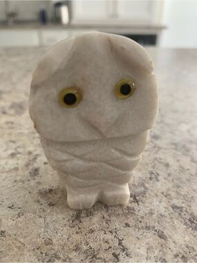 Vintage Hand Carved Stone Owl Figurine, Small Stone Owl Sculpture White